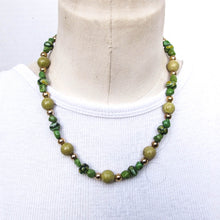 Load image into Gallery viewer, Green Serpentine, Millefiori and Gold Bead Necklace