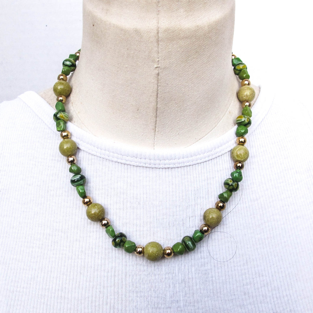 Green Serpentine, Millefiori and Gold Bead Necklace