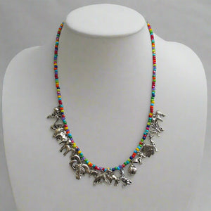 Rainbow Confetti Seed Bead Necklace with Animal Charms