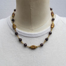 Load image into Gallery viewer, Wine-Colored Glass, Gold-Plated Brass and Gold-Coated Lampwork Beaded Necklace