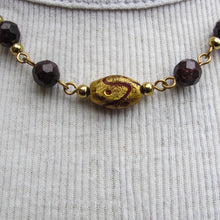 Load image into Gallery viewer, Wine-Colored Glass, Gold-Plated Brass and Gold-Coated Lampwork Beaded Necklace