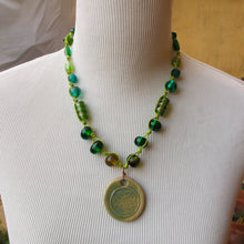 Load image into Gallery viewer, Lampworked Green Glass Indian Beads Necklace with Ceramic Pendant