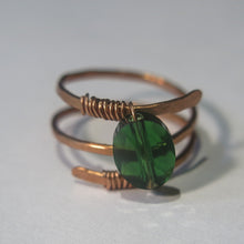 Load image into Gallery viewer, Hammered Triple Row Copper Helix Ring with Emerald Green Swarovski Crystal